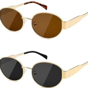 Tskestvy 2 Pairs of Polarized Gold Retro Oval Sunglasses for Women